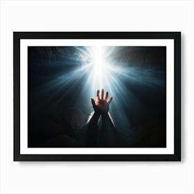 An Ultra Realistic Depiction Of A Hand Raised In A Gesture Of Prayer Emerging From Darkness Into A (7) Art Print