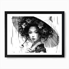 Anime Style Geisha Black And White 4 Art Print