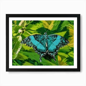 Radiant Blue Butterfly on Lush Foliage. A vibrant blue butterfly with intricately patterned wings rests gracefully amidst a background of vivid green leaves, showcasing the beauty of nature's artistry. Art Print