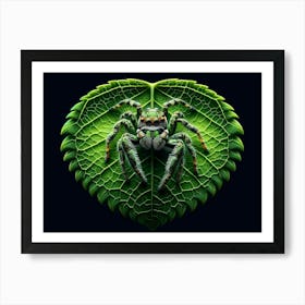 Cute jumping spider On A green leaf macro Leaf 2 Art Print
