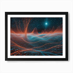 Abstract Digital Art Portraying A Fantastical, Glowing, Orange, And Blue Landscape With A Focus On A Vast, Shimmering Ocean Art Print