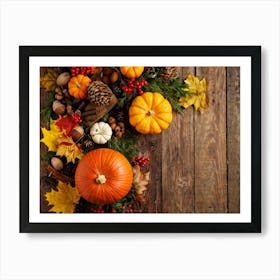 Autumn Themed Table Decor Featuring An Assortment Of Yellow And Orange Leaves Acorns Amidst A Garde (5) Art Print