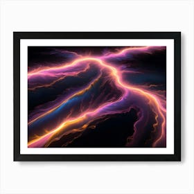 Abstract Image Of A Series Of Swirling Lines In Shades Of Pink, Blue, And Yellow Against A Black Background Art Print