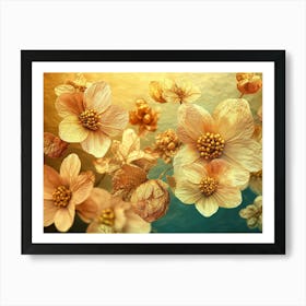 Golden Floral Background, Abstract Vintage Flower Design, Gold Nature Floral Art Print