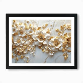 Luxurious 3d Art Featuring Intricate Gold and White Flowers Blooming on A Stunning White Marbled Art Print