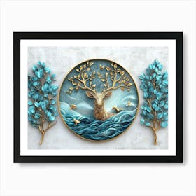 A 3d Art Gold Background, Turquoise Leaves, And Deer Against A Gray Background Art Print