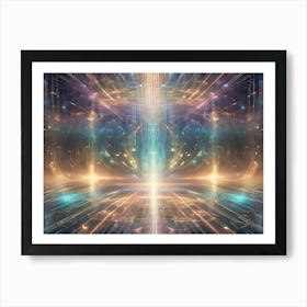 Abstract Digital Artwork Of A Futuristic, Glowing, Multi Colored, Geometric Space With A Bright Light In The Center Art Print