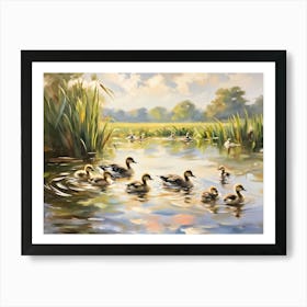 Ducklings Intermingling With Canadian Geese Gentle Ripples Spreading Across A Shallow Pond Reflect Art Print