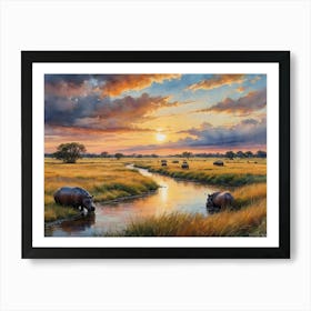 The Cradle of Wildlife Sunset Hippo Art Print