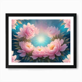 A Circle Of Pink Peonies Framing A Bright, Glowing Light, Creating A Beautiful And Ethereal Scene Art Print