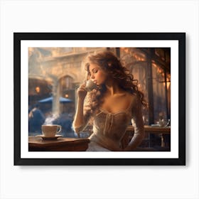 Beautiful Woman Drinking Coffee in Paris Art Print