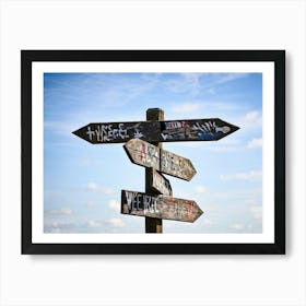 A Weathered Wooden Signpost At A Crossroad Its Arrows Pointing In Various Directions With Hand Pain (6) Art Print