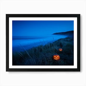 Jack O Lanterns With Eerie Glows Emanating A Soft Light Scattered Along A Desolate Shoreline Early (2) Art Print