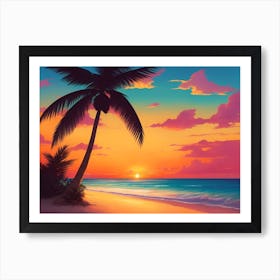 A Tranquil Beach At Sunset Horizontal Illustration 39 Art Print