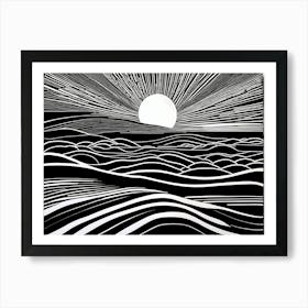 Ephemeral Echoes Of Silence Linocut Black And White Painting, linocut ocean landscape Art Print