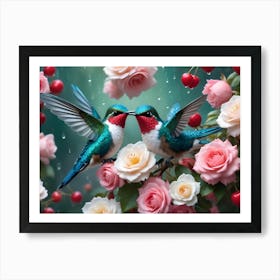 Two Hummingbirds With Red Throats And Iridescent Green Plumage Kiss Amidst A Bouquet Of Pink And White Roses With Cherries Hanging Nearby Art Print