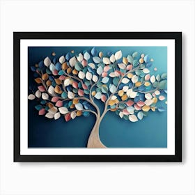 Colorful Tree Of Life With Leaves On Hanging Branches Of Blue, White And Golden Art Print