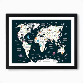 Kids Animal World Map In Navy Art Print