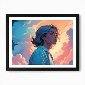 A Portrait Of A Woman With Short, Blue Hair, Gazing Into The Distance Against A Background Of Colorful, Fluffy Clouds, Creating A Dreamy And Ethereal Atmosphere Art Print