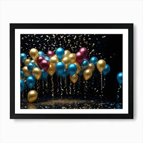 A Cluster Of Blue, Gold, And Maroon Balloons With Gold Confetti, Floating Against A Dark Background Art Print