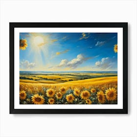 A Sun Drenched Pastoral Scene Unfolds Featuring Towering Sunflowers Reaching For The Bright Golden (4) Art Print