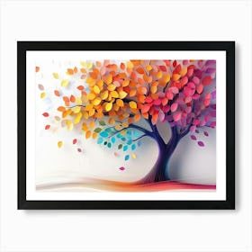 Colorful Tree With Leaves On Hanging Branches Of Blue, White And Golden Background Art Print