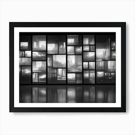 Wall Sized Screen With A Grid Of Images Depicting Various Landscapes, Cityscapes, And Abstract Scenes In Shades Of Gray And White, Resembling A Futuristic Or Sci Fi Cityscape Art Print