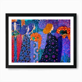 "Corteo delle Principesse" (Procession of Princesses) is a captivating oil painting by Italian artist Vittorio Zecchin (, completed in 1914. This work is a prime example of Italian Art Nouveau, or Liberty style, characterized by its decorative elegance and harmonious composition. The painting draws inspiration from the tale of Aladdin in the "One Thousand and One Nights," specifically the moment when Aladdin's opulent procession arrives to claim his betrothed. One of the painting's unique attributes is its intricate detailing, which mirrors the delicate craftsmanship of Murano glass—a medium with which Zecchin was intimately familiar, given his background and later work as a glass designer. The lavish use of color and gold leaf create a mesmerizing effect, drawing viewers into a dreamlike interpretation of the Orientalist theme popular in early 20th-century Europe. The original painting is housed in the International Gallery of Modern Art at Ca' Pesaro in Venice. Art Print