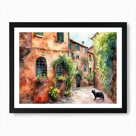 Black Cat In Perugia, Italy, Street Art Watercolour Painting 2 Art Print