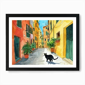 Black Cat In Cagliari, Italy, Street Art Watercolour Painting 2 Art Print