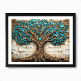 Fantasy 3d On Wooden Oak with White Lattice Tiles, Tree with Kaleidoscopic Leaves in Turquoise Art Print