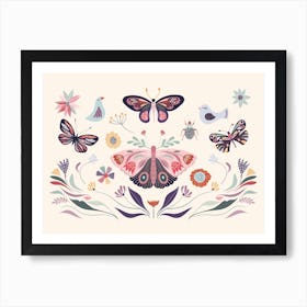 Butterflies And Flowers Scandinavian Art Print