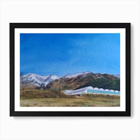 Green house and the snow capped mountains watercolour painting Art Print