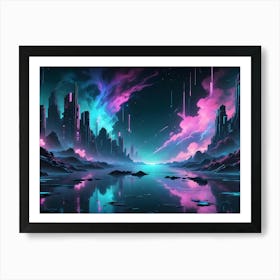 A Futuristic Cityscape With Towering Buildings Rises Above A Serene Lake, Illuminated By A Colorful Aurora Borealis And Shooting Stars Art Print