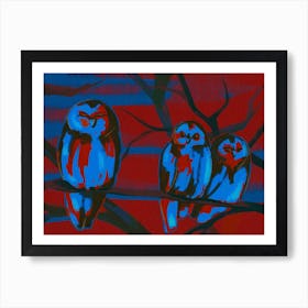 Three Owls In A Tree At Night Art Print