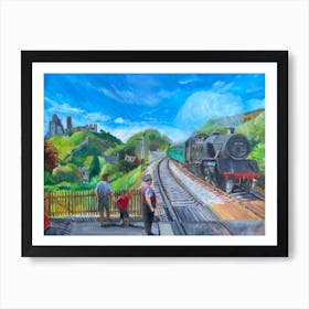 Steam train at Corfe castle Art Print