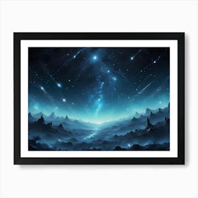 A Breathtaking Vista Of A Dark, Mountainous Landscape Under A Star Filled Sky Illuminated By A Central Blue Nebula, With Shooting Stars Streaking Through The Night Art Print