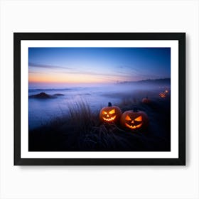 Jack O Lanterns With Eerie Glows Emanating A Soft Light Scattered Along A Desolate Shoreline Early (4) Art Print