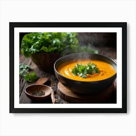 Autumn Pumpkin Curry Soup Steaming In An Earthenware Bowl Vibrant Orange Against Dark Green Lettuc (7) Art Print