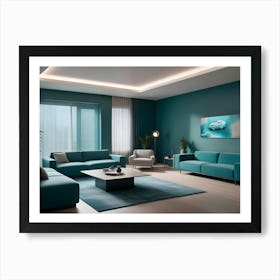 A Modern Living Room Interior With Teal Sofas, A White Armchair, A Large Window, And Plants, Creating A Comfortable And Stylish Atmosphere Art Print