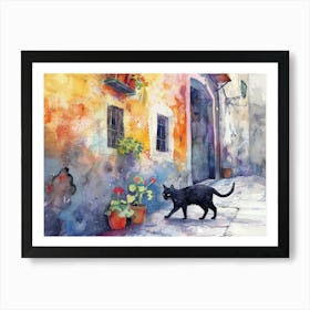 Black Cat In Napoli, Italy, Street Art Watercolour Painting 4 Art Print