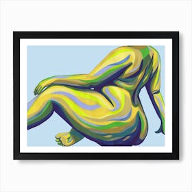 Curvy Nude Seated Woman In Yellow & Blue Art Print