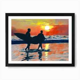 Surfing on the beach in the beautiful evening oil painting Art Print