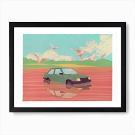 Car In The Water, birds, landscape, reflection, illustration, wall art Art Print