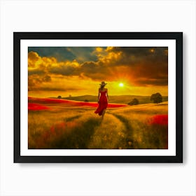 Sunset Woman In Red Dress Art Print