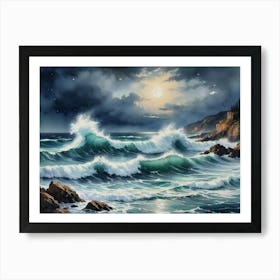 The Coastal Clash of Water and Stone Ocean Waves At Night Art Print