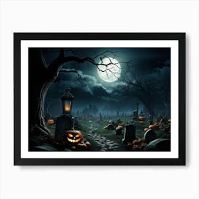 Art Landscape Pumpkin Holiday Design Halloween Fear Moon Skittish Green Grave Dark Scene (35) Art Print