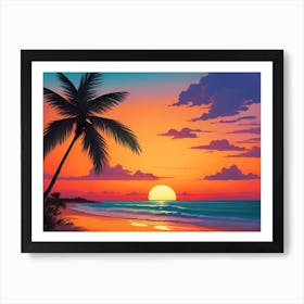 A Tranquil Beach At Sunset Horizontal Illustration 53 Art Print