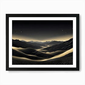 A Black And Gold Landscape With Mountains And A River, Creating A Minimalist And Elegant Aesthetic Art Print