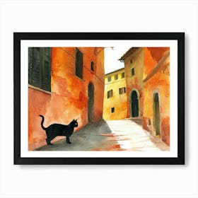 Black Cat In Siena, Italy, Street Art Watercolour Painting 4 Art Print